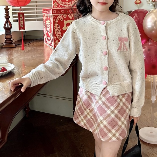 冬款中大童裝粉色毛呢格紋短裙/有安全褲