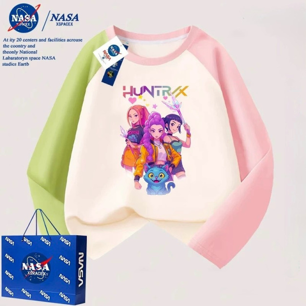 韓版童裝KPOP獵魔女團純棉長袖拼色上衣/T恤(粉綠)