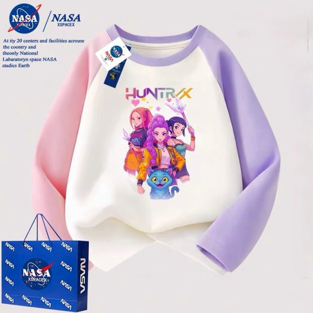 韓版童裝KPOP獵魔女團純棉長袖拼色上衣/T恤(粉紫)