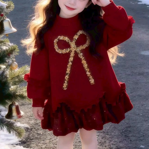 冬款新年中大童蝴蝶結紅色洋裝/加絨連衣裙