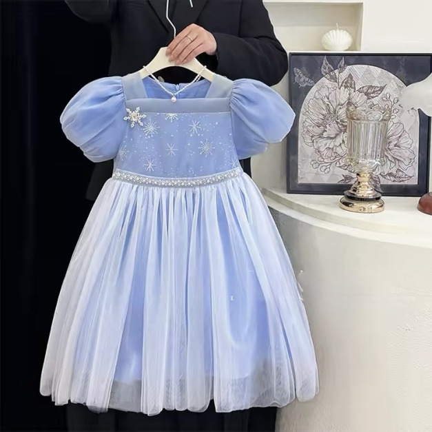 夏裝韓版冰雪奇緣艾莎雪花網紗公主裙/連衣裙