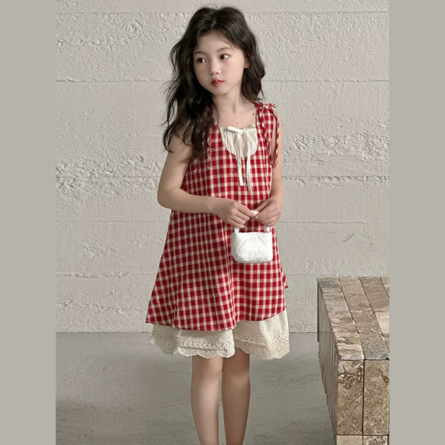 夏款韓版紅白格紋花邊裙/洋裝/背心裙