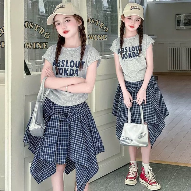 夏款中大童韓版灰色上衣+不規則格子裙二件套裝