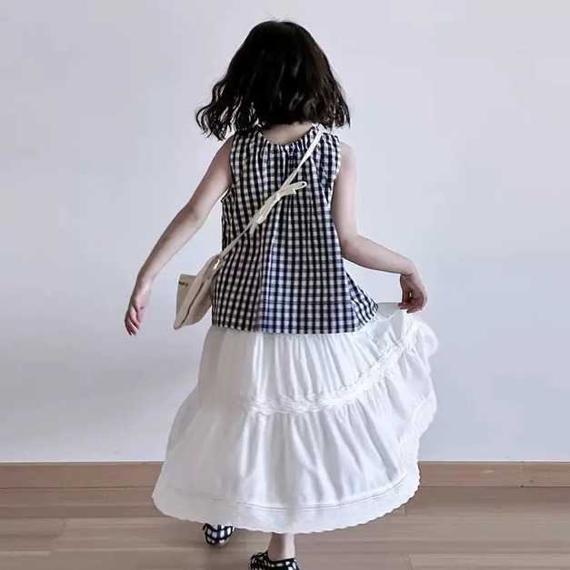 夏款韓版黑白格紋上衣+白色長裙套裝