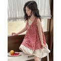 夏款韓版紅白格紋花邊裙/洋裝/背心裙_1