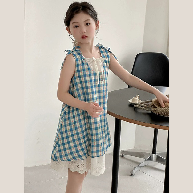夏款韓版藍白格紋花邊裙/洋裝/背心裙