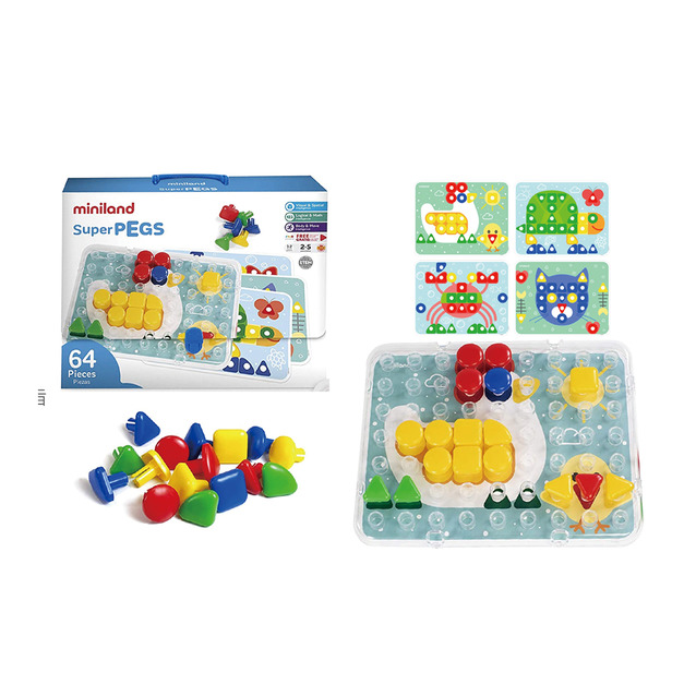 【西班牙miniland】3.9CM大拼豆幼兒64顆學習組-附透明板/圖卡