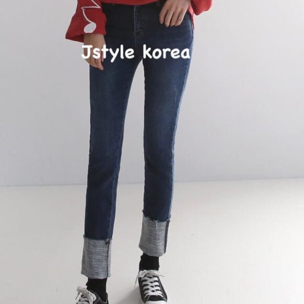 復古反摺內磨毛小直筒牛仔褲