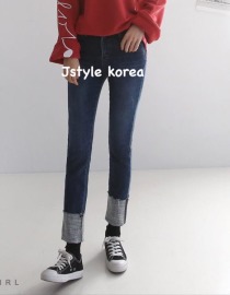 復古反摺內磨毛小直筒牛仔褲