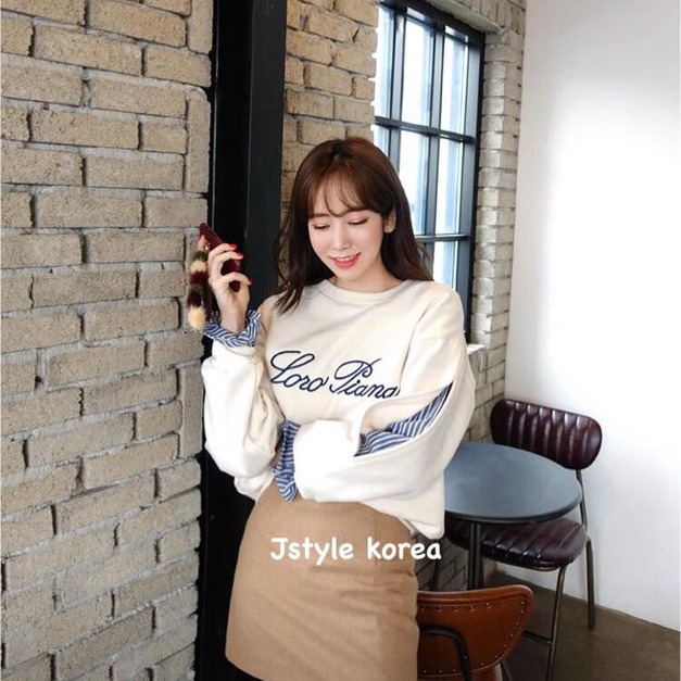 預購A假兩件拼接條文字母大學刷毛T