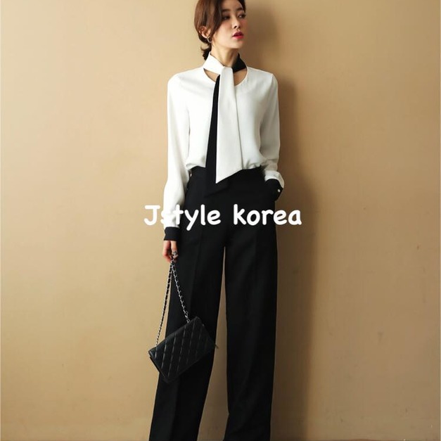 預購A撞色扭結領巾雪紡上衣