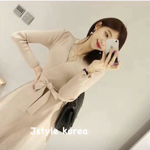 預購A名媛氣質V領蕾絲針織洋裝