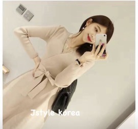 預購A名媛氣質V領蕾絲針織洋裝