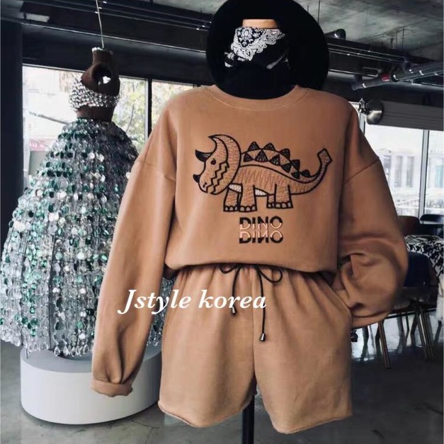 預購A恐龍刺繡刷毛休閒套裝