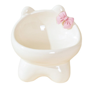 貓咪蝴蝶結造型陶瓷寵物碗(多色可選)