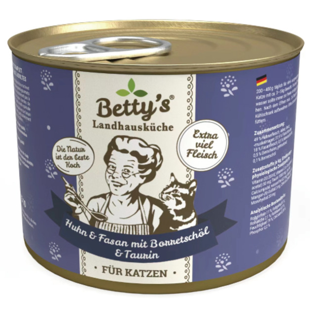 德國 Betty’s 蓓蒂奶奶 貓咪無穀主食罐-雞肉+野雞+琉璃苣籽油 200g