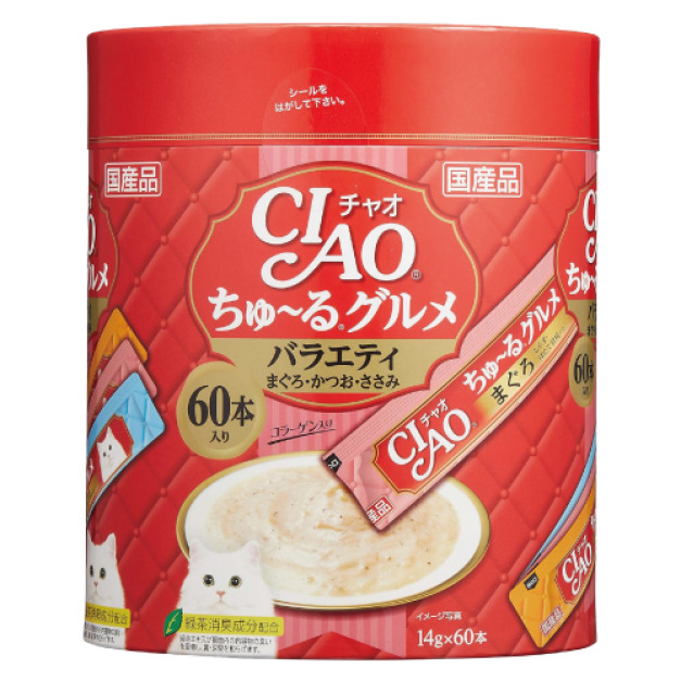 日本製 CIAO 啾嚕肉泥-鮪魚+銀魚+扇貝、鰹魚+柴魚片+扇貝、雞柳+柴魚片+扇貝 14gx60入