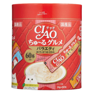 日本製 CIAO 啾嚕肉泥-鮪魚+銀魚+扇貝、鰹魚+柴魚片+扇貝、雞柳+柴魚片+扇貝 14gx60入