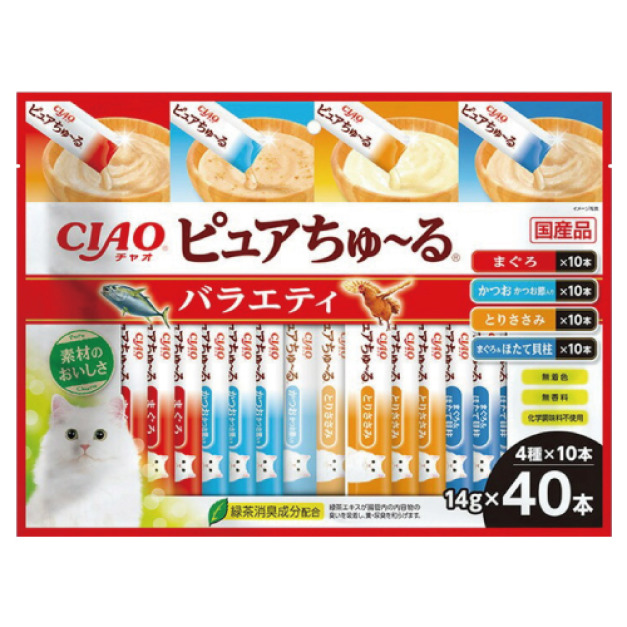 CIAO 無香料色素肉泥-鮪魚、柴魚片、雞肉、鮪魚+干貝 14gx40入