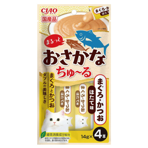 CIAO 啾嚕肉泥雙魚系列-鮪魚&鰹魚&干貝 14gx4入