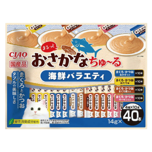 CIAO 全魚什錦肉泥-鰹魚片&扇貝&鮪魚片&鮭魚 14gx40入