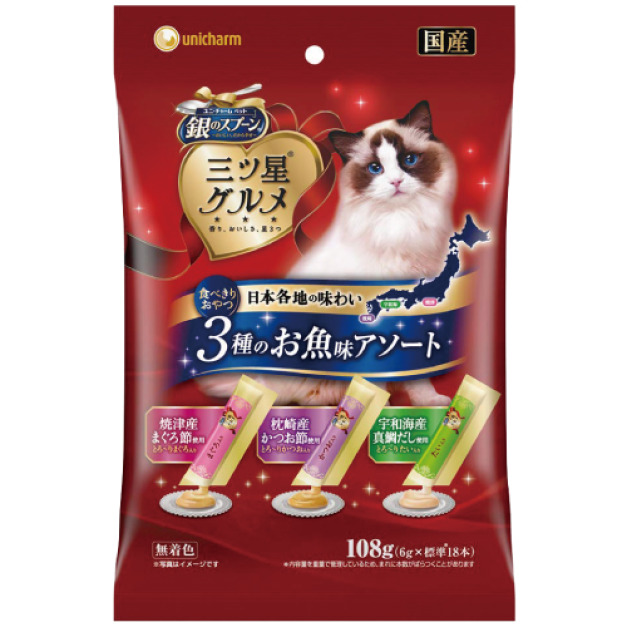 日本製unicharm 銀湯匙綜合營養肉泥-鮪魚+鰹魚+鯛魚 6gx18入