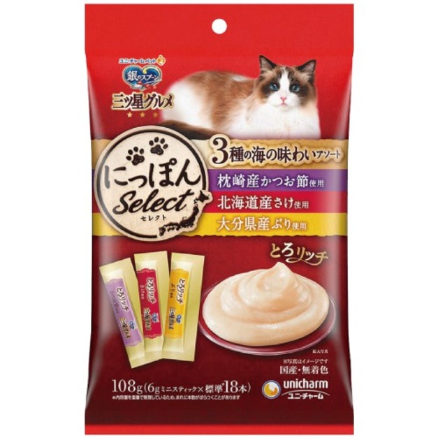 日本製unicharm 銀湯匙綜合營養肉泥-鮪魚+鮭魚+黃尾魚 6gx18入
