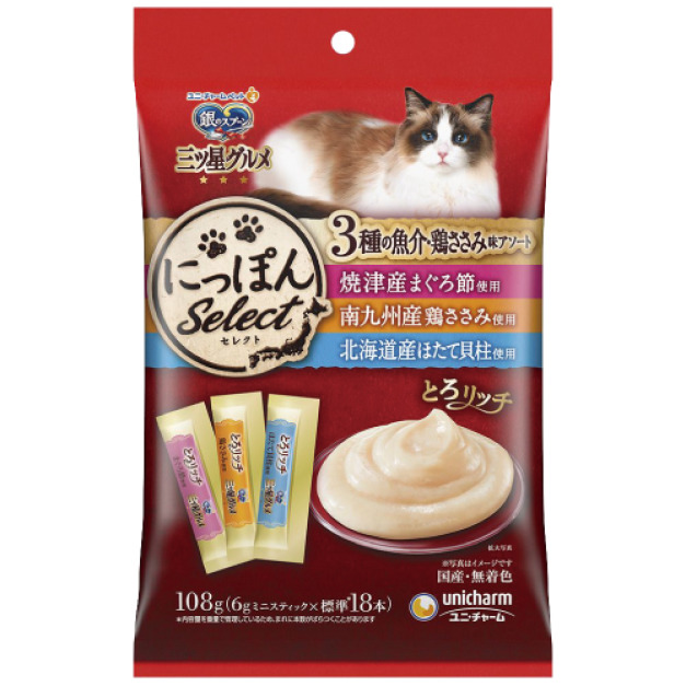 日本製unicharm 銀湯匙綜合營養肉泥-鮪魚+雞肉+扇貝 6gx18入