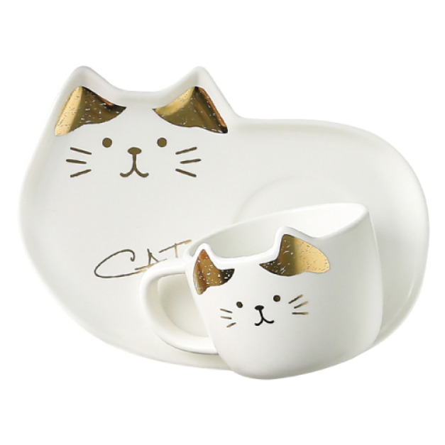 北歐奢華貓咪燙金咖啡杯盤3件組(多款顏色)