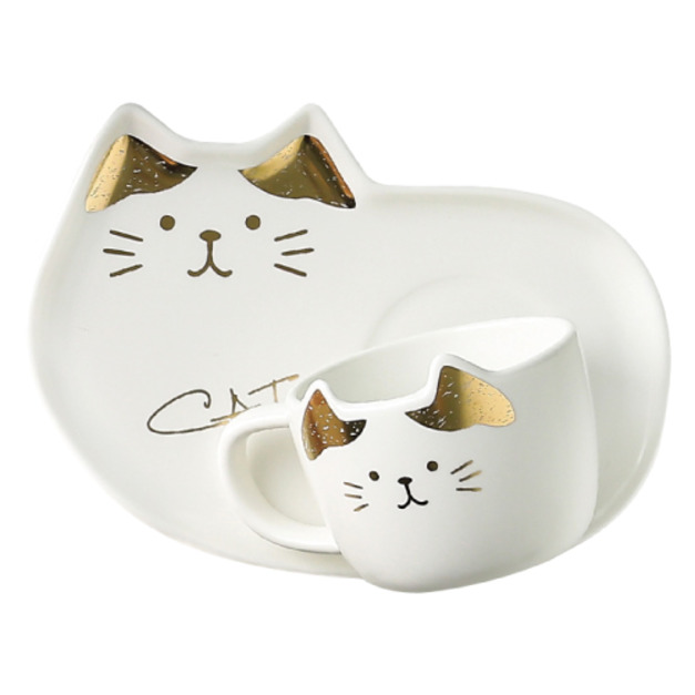 北歐奢華貓咪燙金咖啡杯盤3件組(多款顏色)