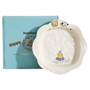 立體貓狗生日9寸花形盤-禮盒組