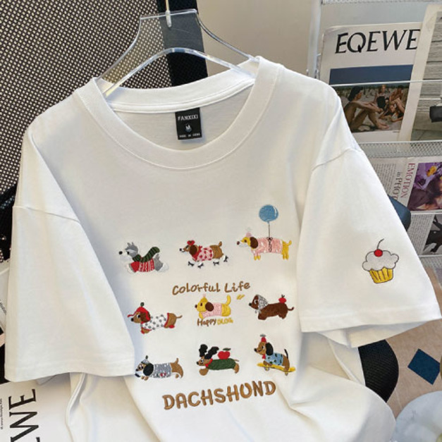 9隻刺繡狗狗棉T恤-白色L號
