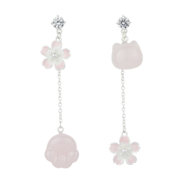 不對稱花朵貓咪吊墜耳環