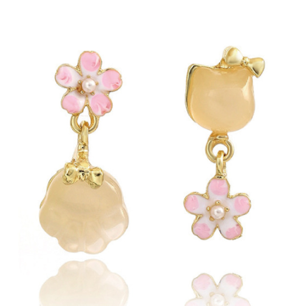 不對稱花朵貓咪耳環/耳夾(兩款可選)