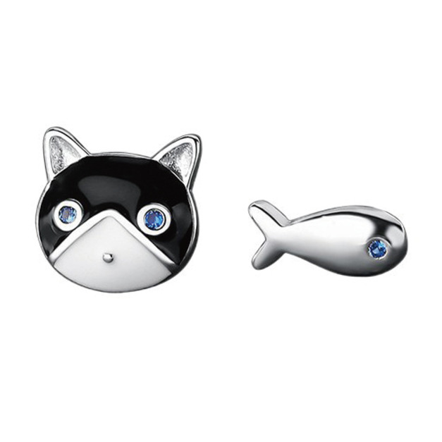 S925純銀不對稱貓咪小魚耳環一對