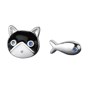 S925純銀不對稱貓咪小魚耳環一對