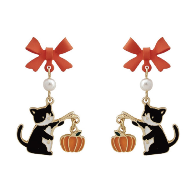 南瓜燈籠貓咪蝴蝶結耳環