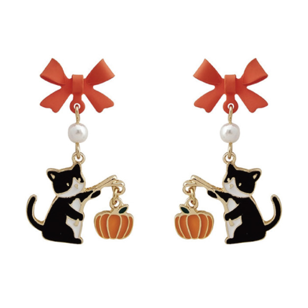 南瓜燈籠貓咪蝴蝶結耳環