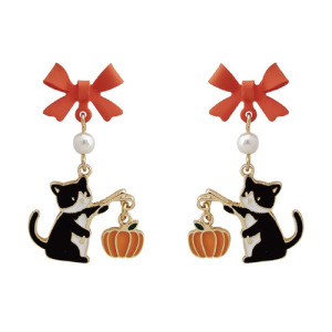 南瓜燈籠貓咪蝴蝶結耳環