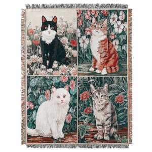 四隻貓咪流蘇針織毯 160x130cm