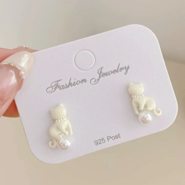 可愛貓咪家族耳環-奶白貓咪珍珠