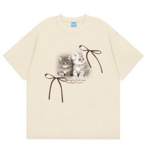 美式貓咪蝴蝶結寬鬆T恤(多款可選)