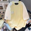 學院風撞色貓咪刺繡T恤-黃色M號_1