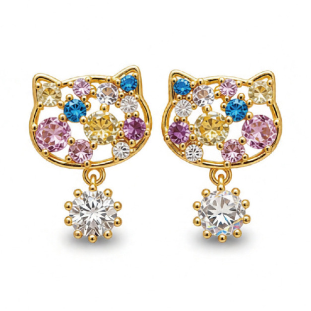 彩色鋯石貓咪耳環
