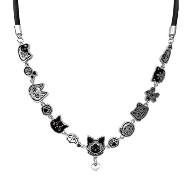 復古塗鴉貓咪皮質項鍊
