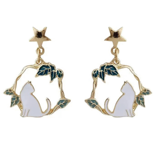 森林系星星葉片環貓咪耳環