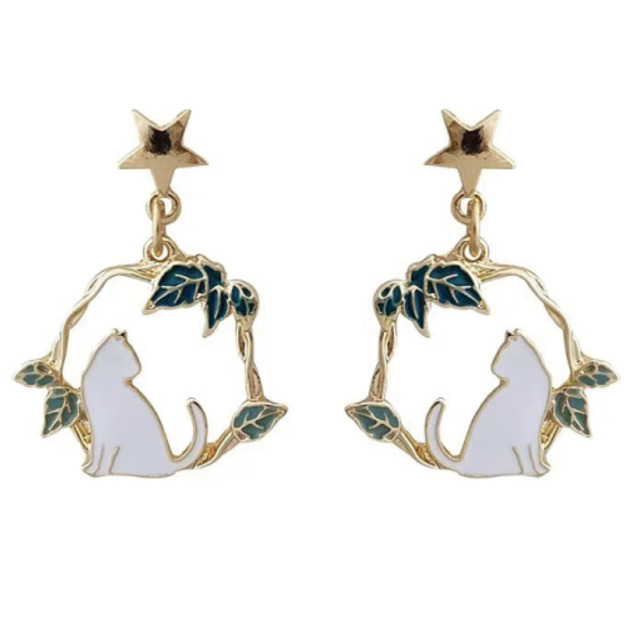 森林系星星葉片環貓咪耳環