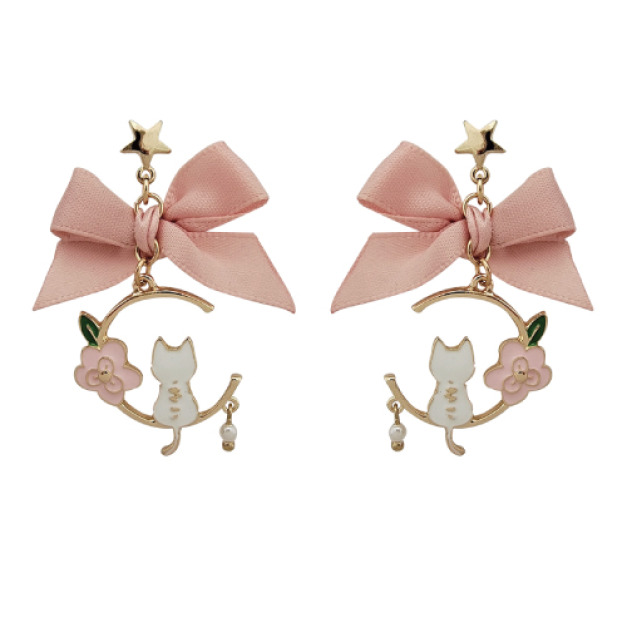 森林系櫻花貓咪蝴蝶結耳環