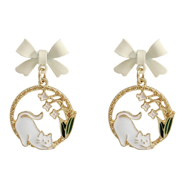森林系鈴蘭花貓咪蝴蝶結耳環