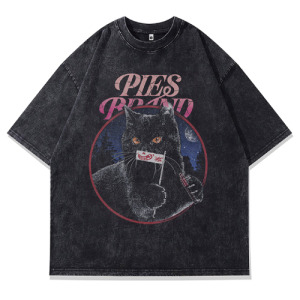 潮酷黑貓印花復古感寬鬆T恤